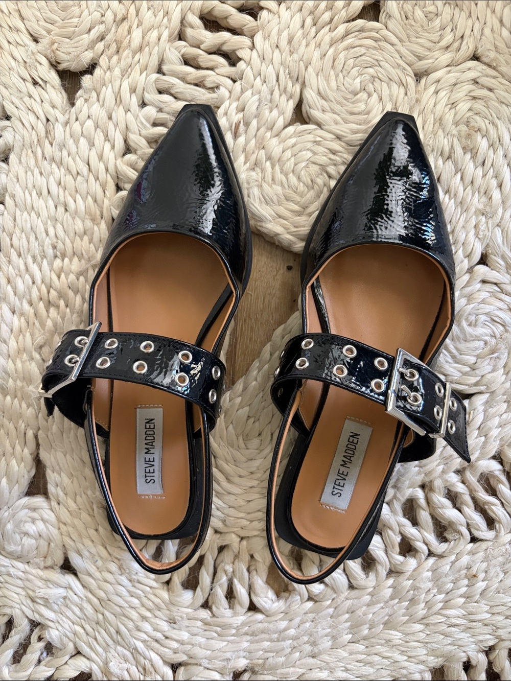 Steve Madden Black Patent Pointed Slingback Flats with Grommet Strap